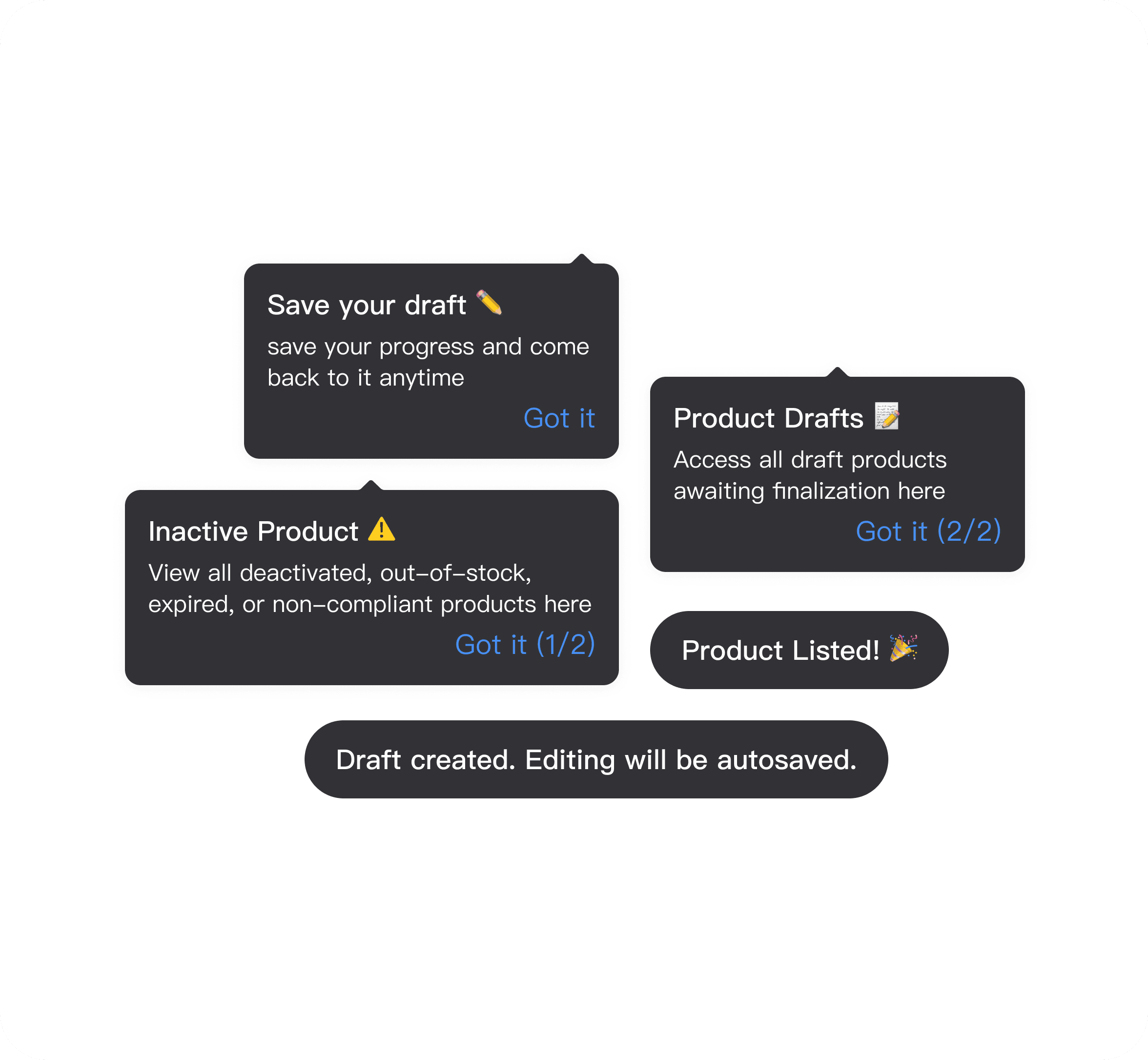 Draft feature and first-time guidance screens