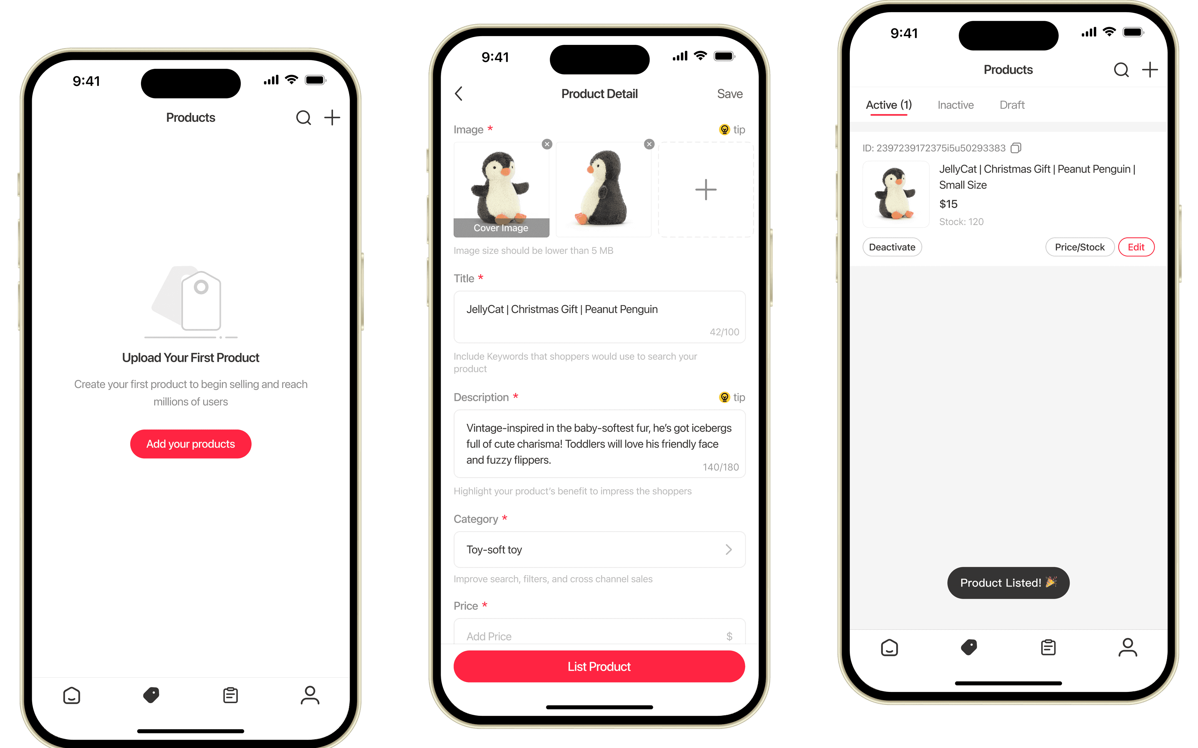 The RED Note seller app product listing form on a phone